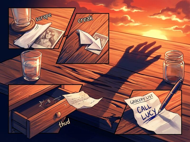 A montage-style single panel showing a sequence of micro-movements across the table like comic vignettes: a coaster catches the edge of a…