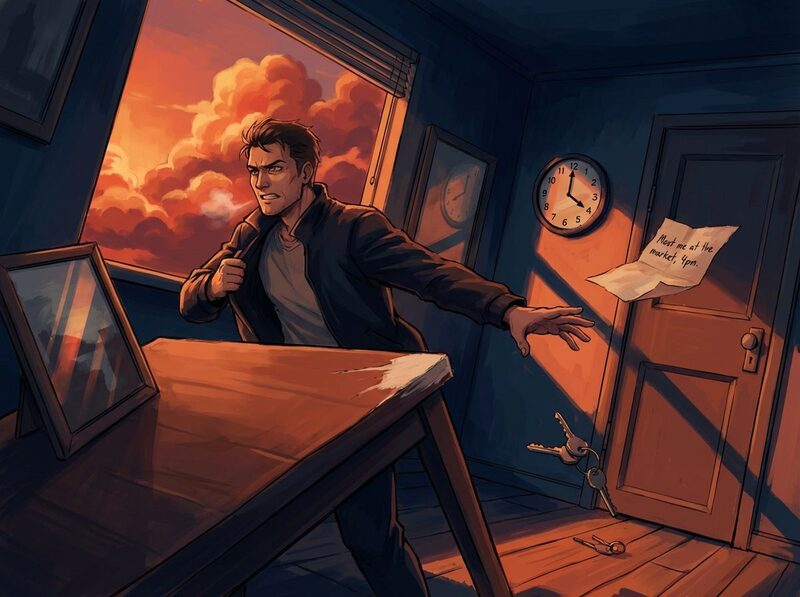 Action beat: the man reaches for his jacket and keys with renewed determination.
