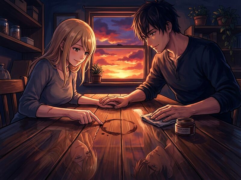 Quiet homecoming: back inside, the table sits between them as they lean close, hands touching over the old coffee ring.