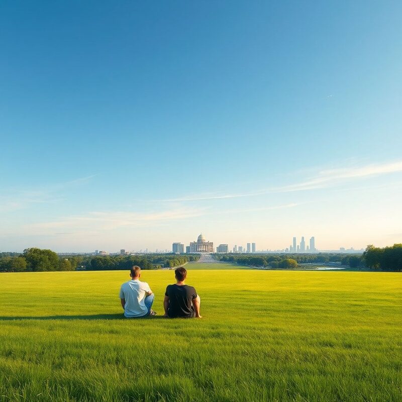 Wide establishing shot of Tempelhofer Feld at late afternoon, vast open green space with blue sky above.