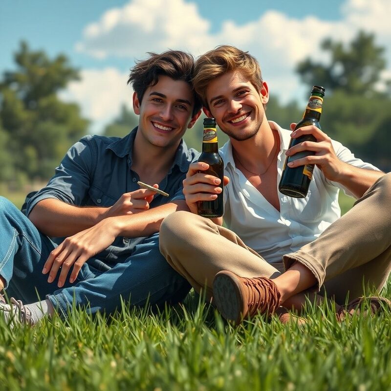 Close-up of the two friends sitting cross-legged on the grass.