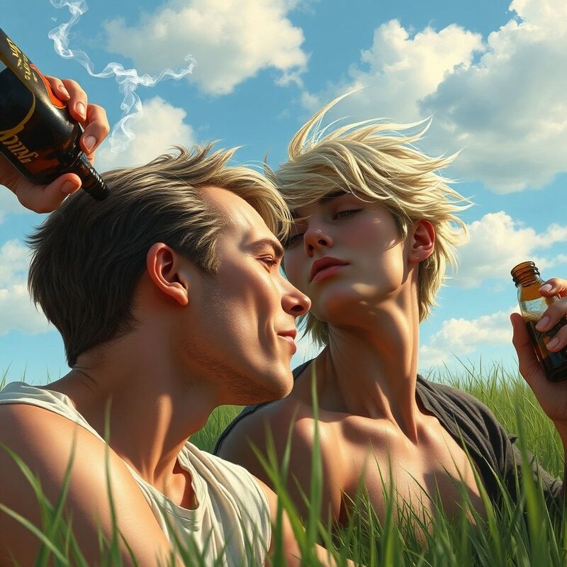 Side profile shot of friend (human with lighter hair) with beer bottle taking a sip, head tilted back slightly.
