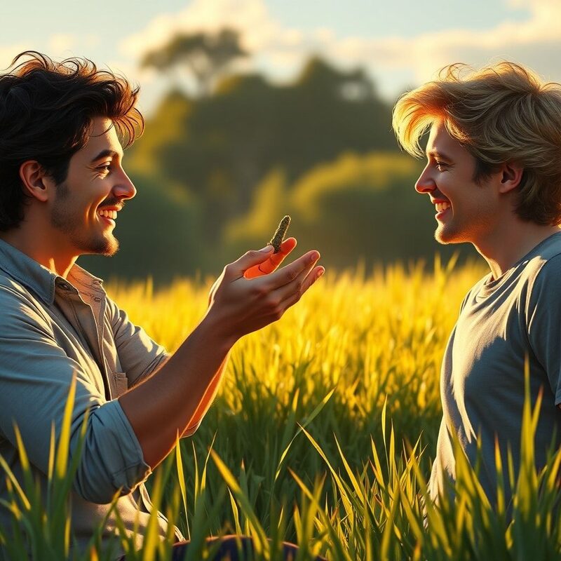 The friend (human with dark hair) with the joint passing it to their companion (human with lighter hair).