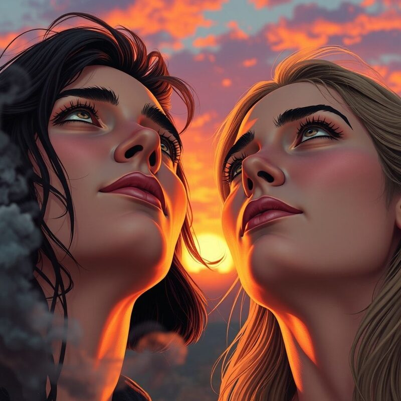 Close-up of both friends' (human with dark hair and human with lighter hair) faces as they gaze upward at the sunset, eyes reflecting the…