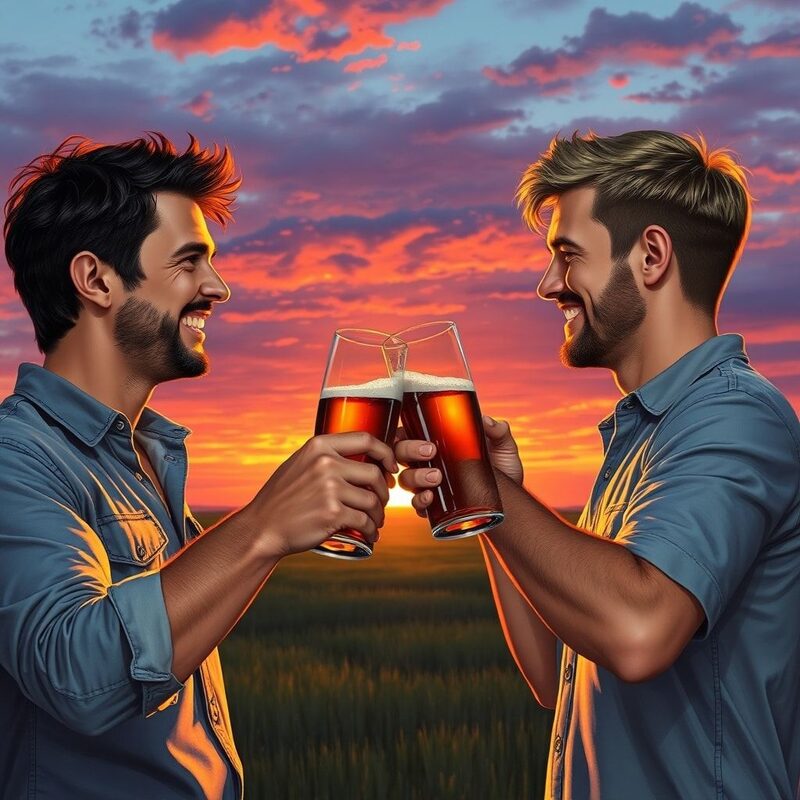 The two friends (human with dark hair and human with lighter hair) clinking their beer bottles together in a toast, both smiling warmly at…