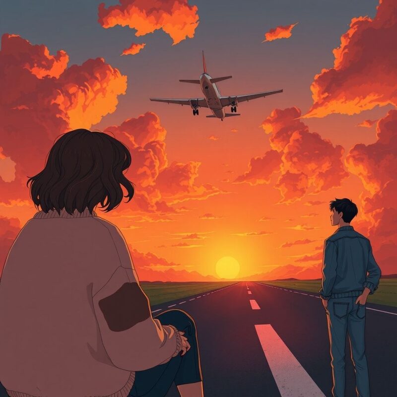 Mid-shot composition: the small plane glides overhead, occupying the upper third of the frame as it cuts a pale line across the amber sky.