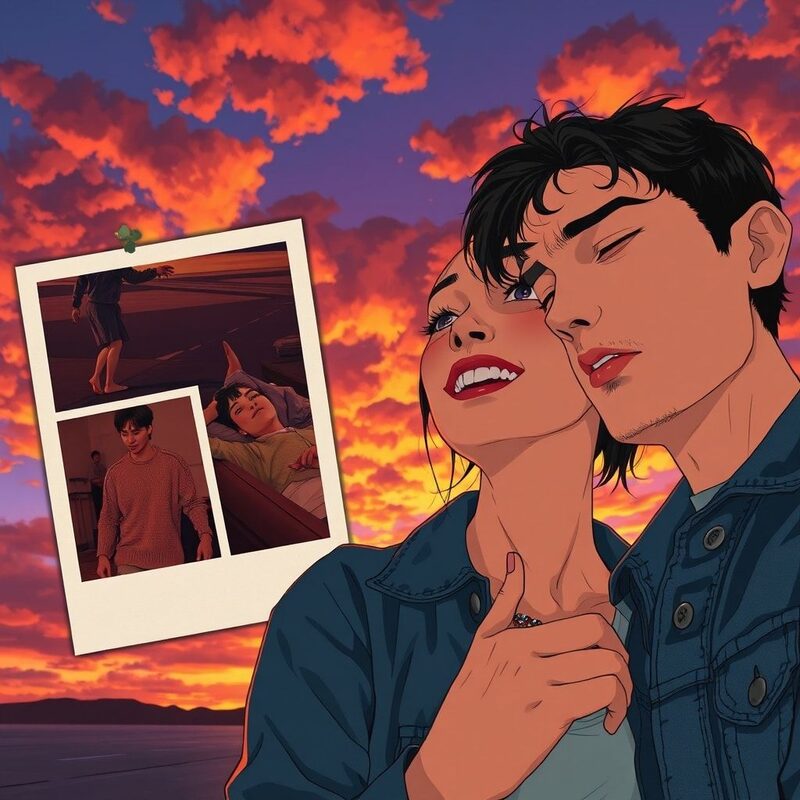 A single panel composed like overlapping Polaroids and close facial frames.
