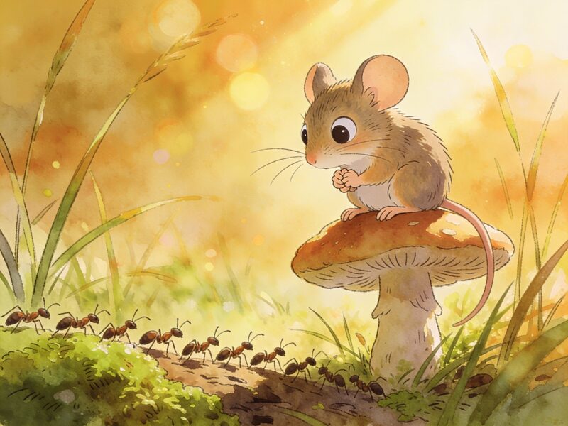 A small, adorable jump mouse with big round eyes sits on a mushroom in a sunlit meadow, gazing down at a colony of ants marching in…