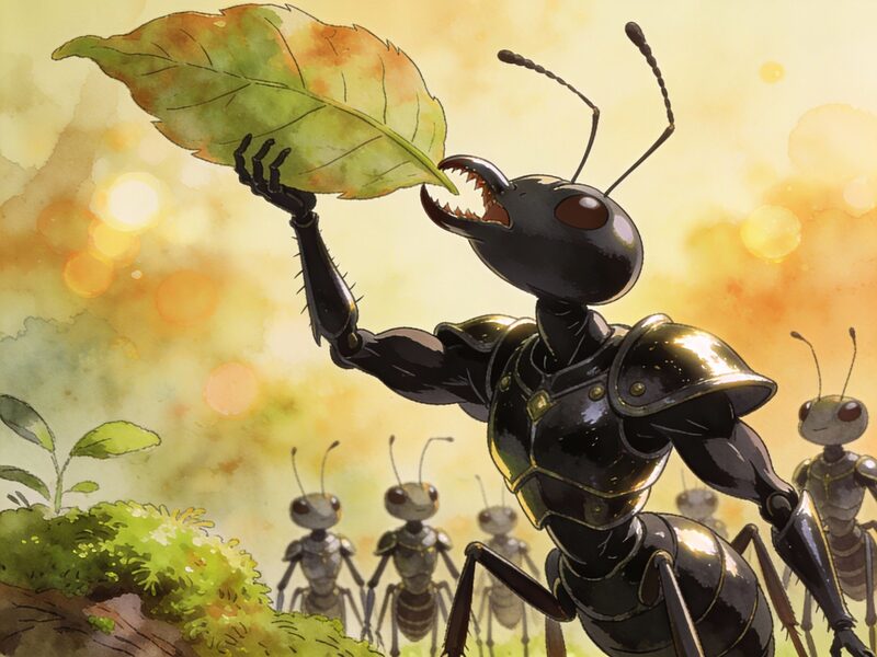 Close-up of a muscular ant warrior in gleaming black armor, carrying a leaf five times its size overhead with powerful mandibles.