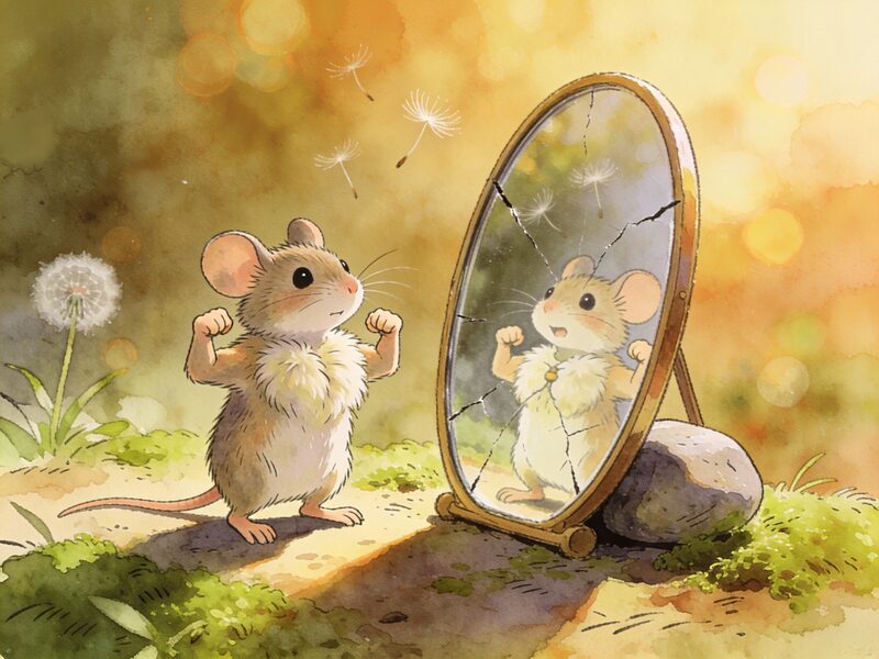 The tiny jump mouse stands before a cracked hand mirror propped against a pebble, flexing its small fuzzy arms and puffing out its fluffy…