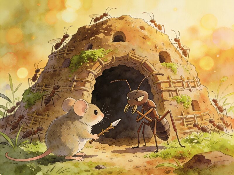 The jump mouse approaches the entrance to an elaborate ant hill fortress, nervously holding a tiny twig like a sword.