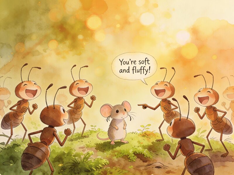 Wide shot of multiple ant warriors laughing, their antennae shaking with amusement.