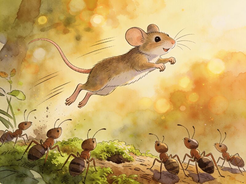 Dramatic action panel showing the jump mouse leaping incredibly high into the air with powerful back legs, soaring over the astonished ants…