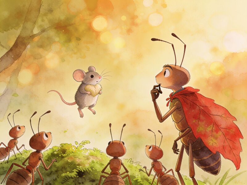 The ant general, distinguished by a red leaf cape, strokes his mandibles thoughtfully while watching the mouse land gracefully.