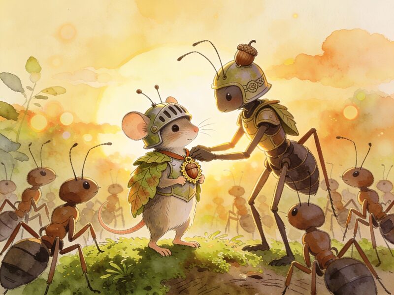 Triumphant final panel showing the jump mouse wearing a tiny ant-style helmet and leaf armor, standing proudly among the ant warriors as…