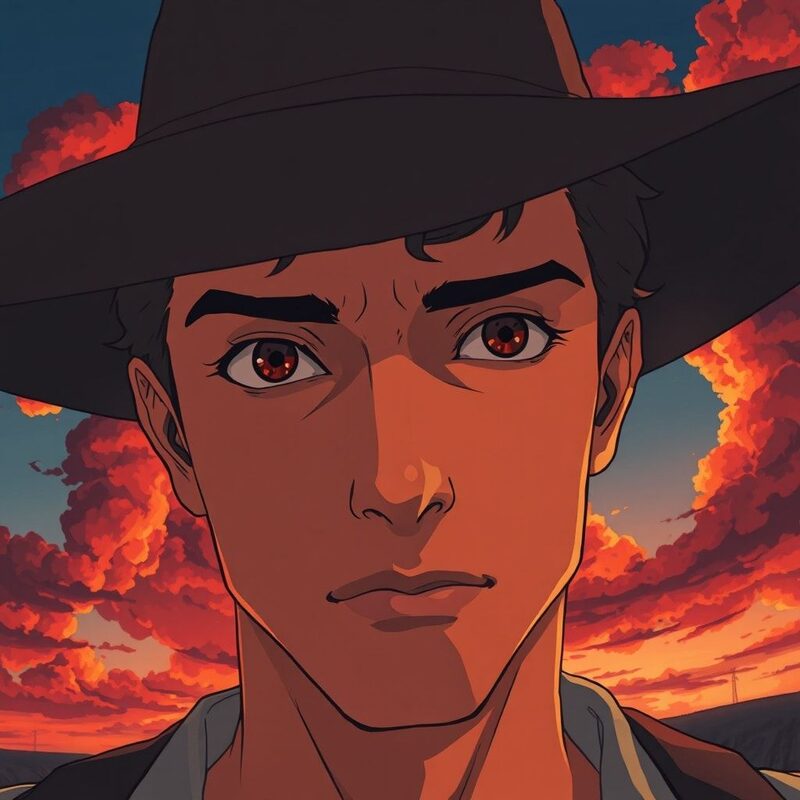 Low-angle close on his eyes beneath the shadow of the brim: dry, rimmed in red, a quiet, unspent fire burning there.