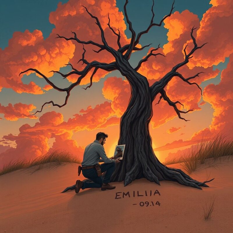 He approaches a jagged dead tree rooted on a dune; its twisted limbs scratch the sky.