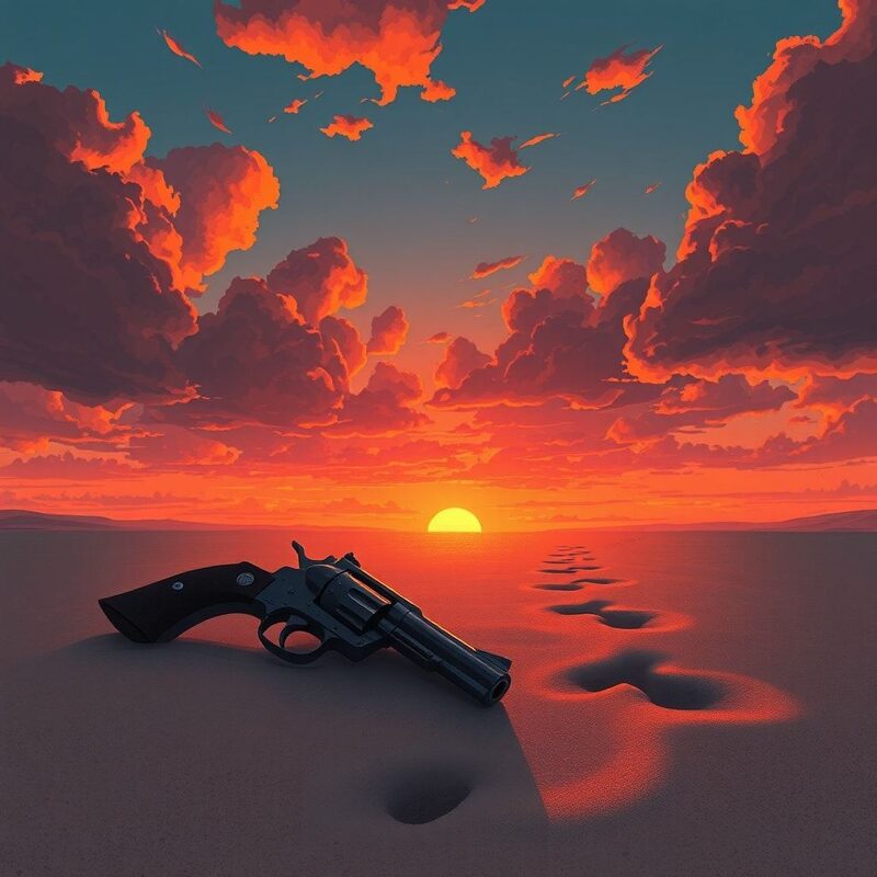 Wide again as dusk slides in: the revolver lies abandoned in the sand, its cylinder open to the widening sky.